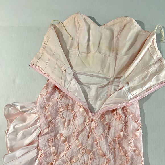 VTG 80s Blush Pink Lace and Satin Strapless Ruffle Dress with Bolero, 13/14 Jr. - Picture 4 of 11
